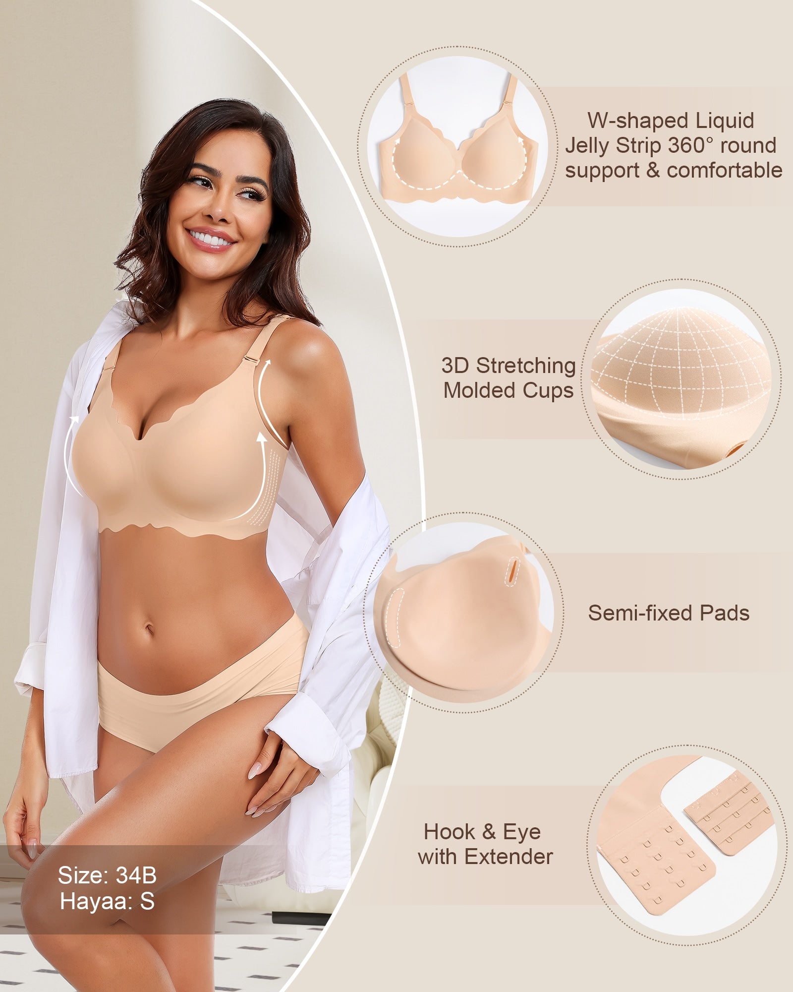 Wireless Seamless Bras for Women No Underwire Wavy V Neck Soft Support Full Coverage Comfortable Bra