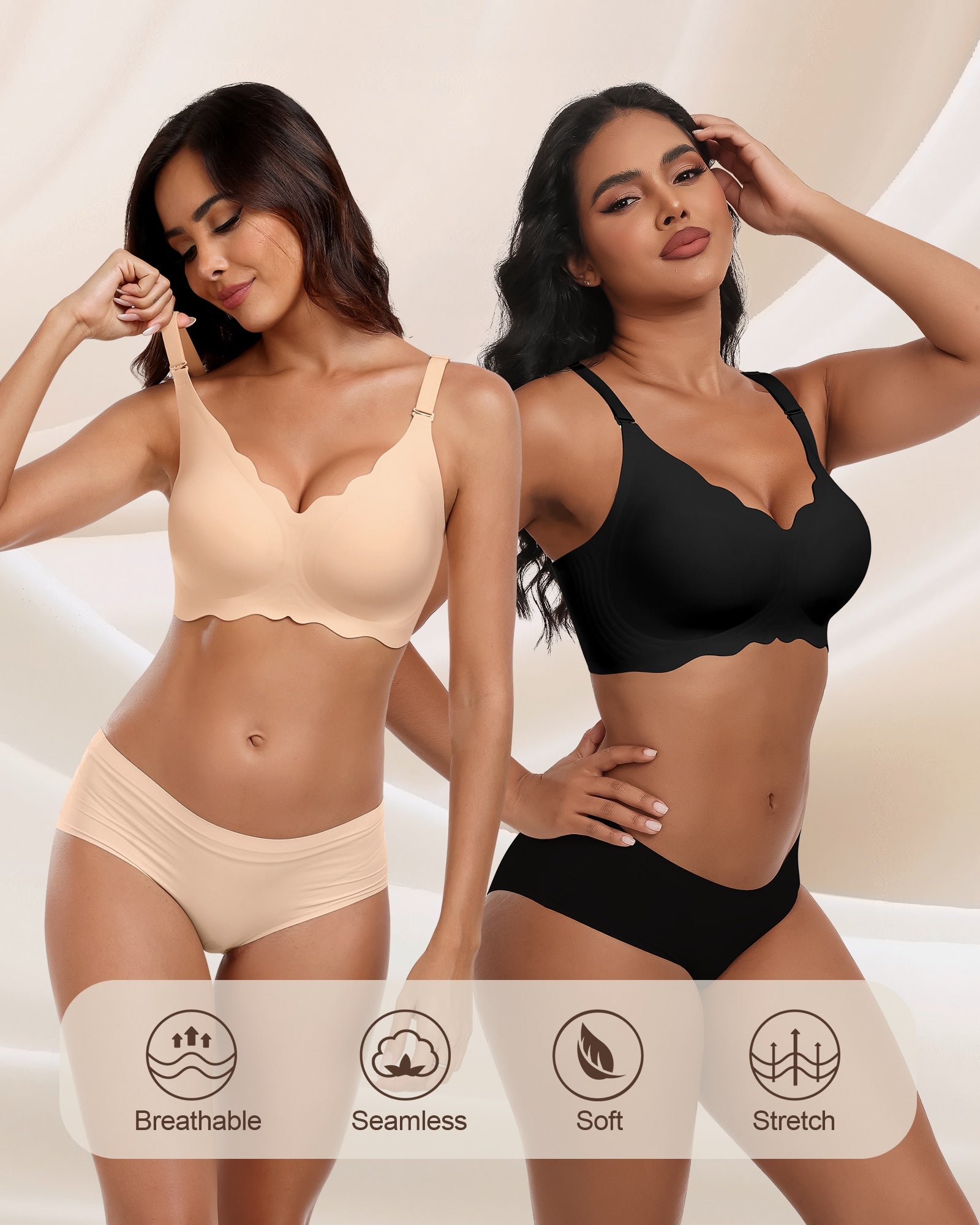 Wireless Seamless Bras for Women No Underwire Wavy V Neck Soft Support Full Coverage Comfortable Bra