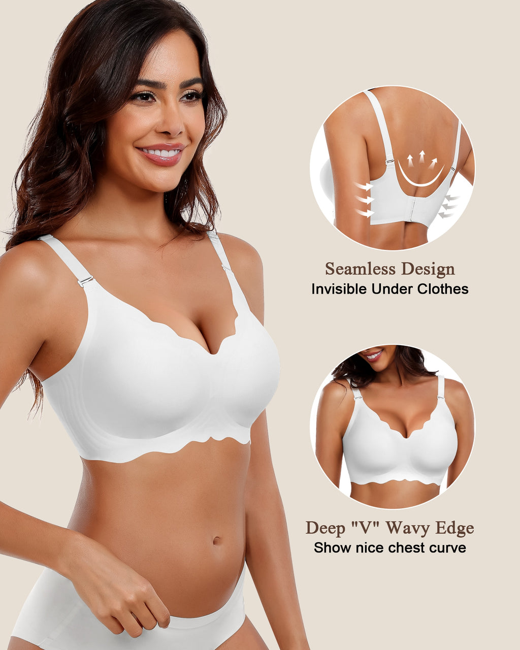 Wireless Seamless Bras for Women No Underwire Wavy V Neck Soft Support Full Coverage Comfortable Bra