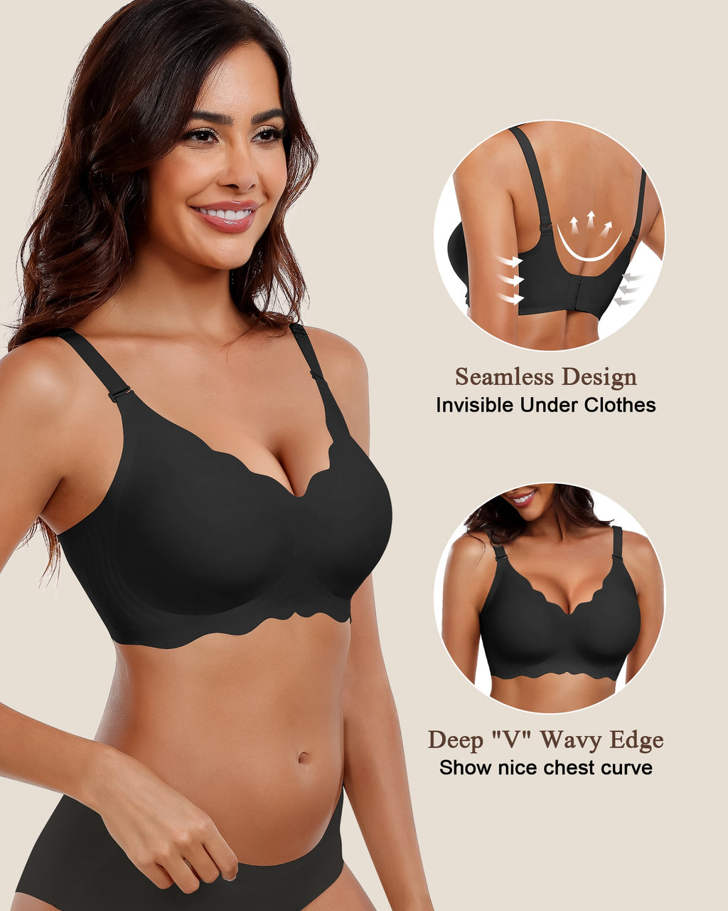 Wireless Seamless Bras for Women No Underwire Wavy V Neck Soft Support Full Coverage Comfortable Bra