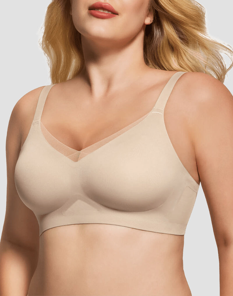 No Underwire Bra for Women Wireless Bras with Soft Support V Neck Mesh Lace Seamless Comfort Bra