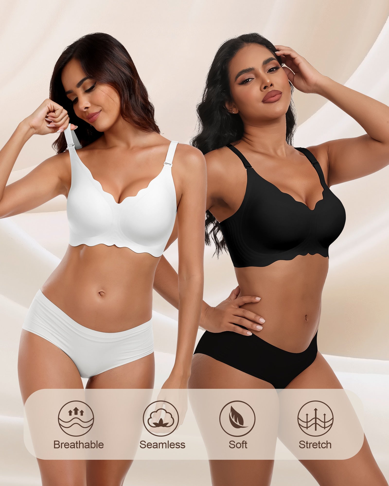 Wireless Seamless Bras for Women No Underwire Wavy V Neck Soft Support Full Coverage Comfortable Bra