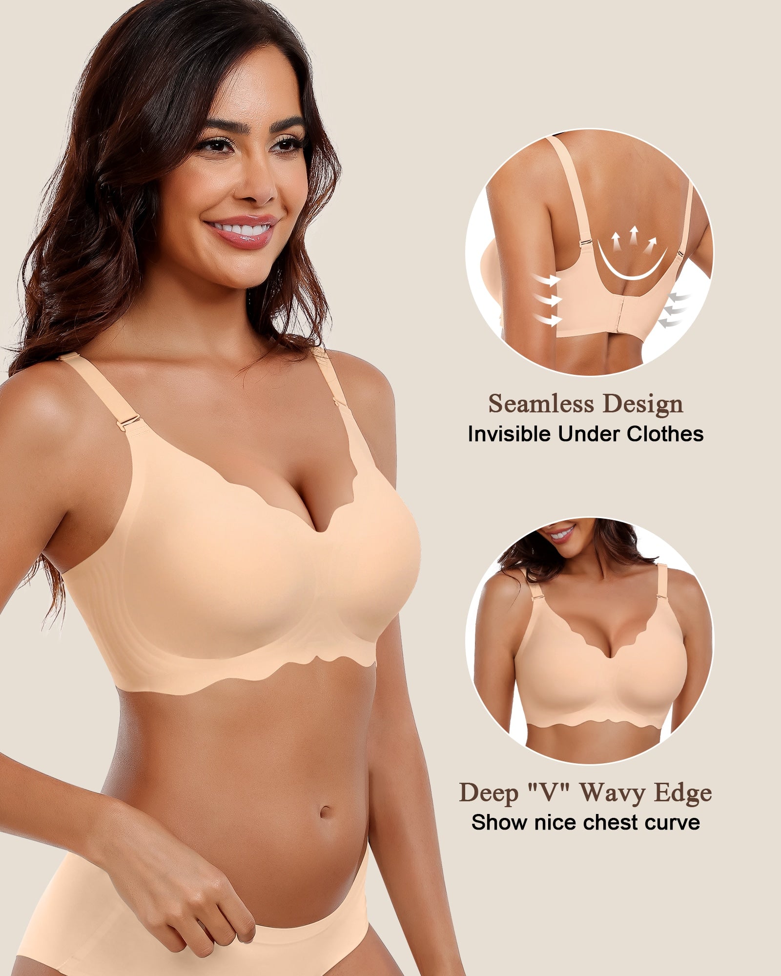 Wireless Seamless Bras for Women No Underwire Wavy V Neck Soft Support Full Coverage Comfortable Bra
