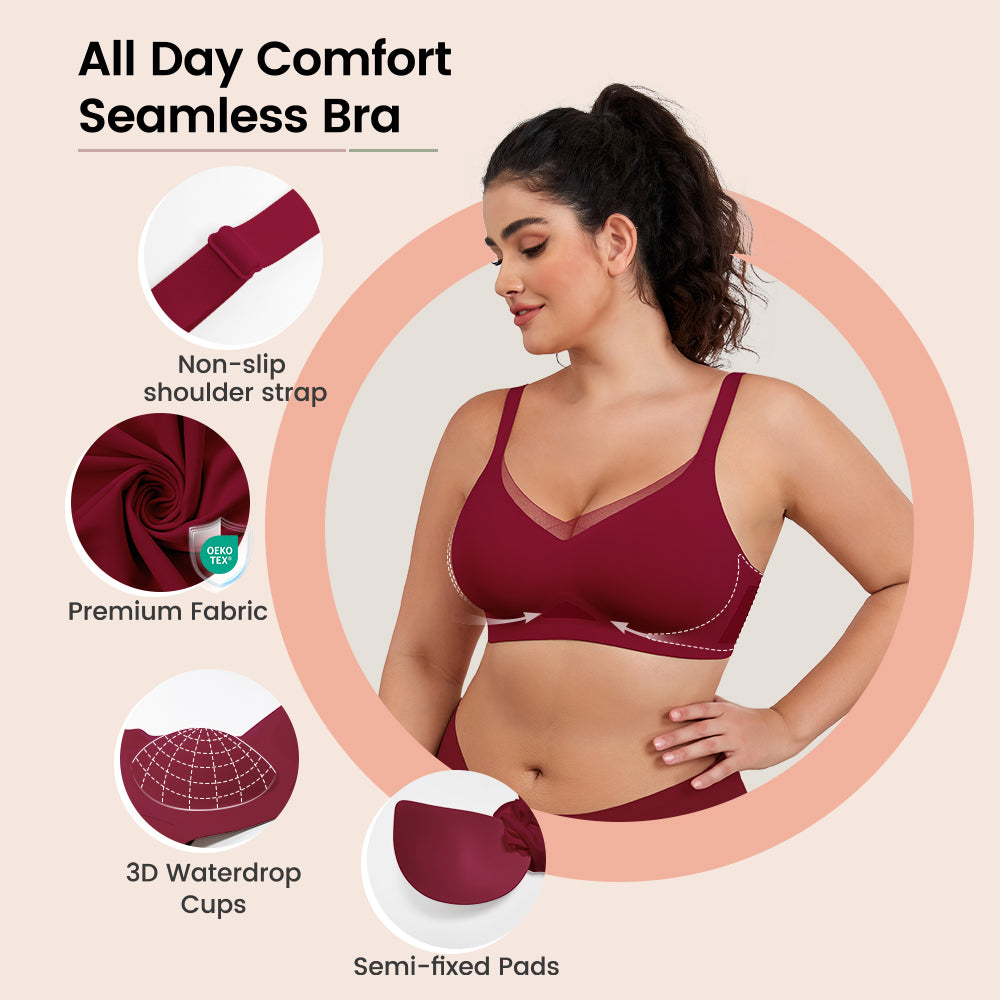 No Underwire Bra for Women Wireless Bras with Soft Support V Neck Mesh Lace Seamless Comfort Bra