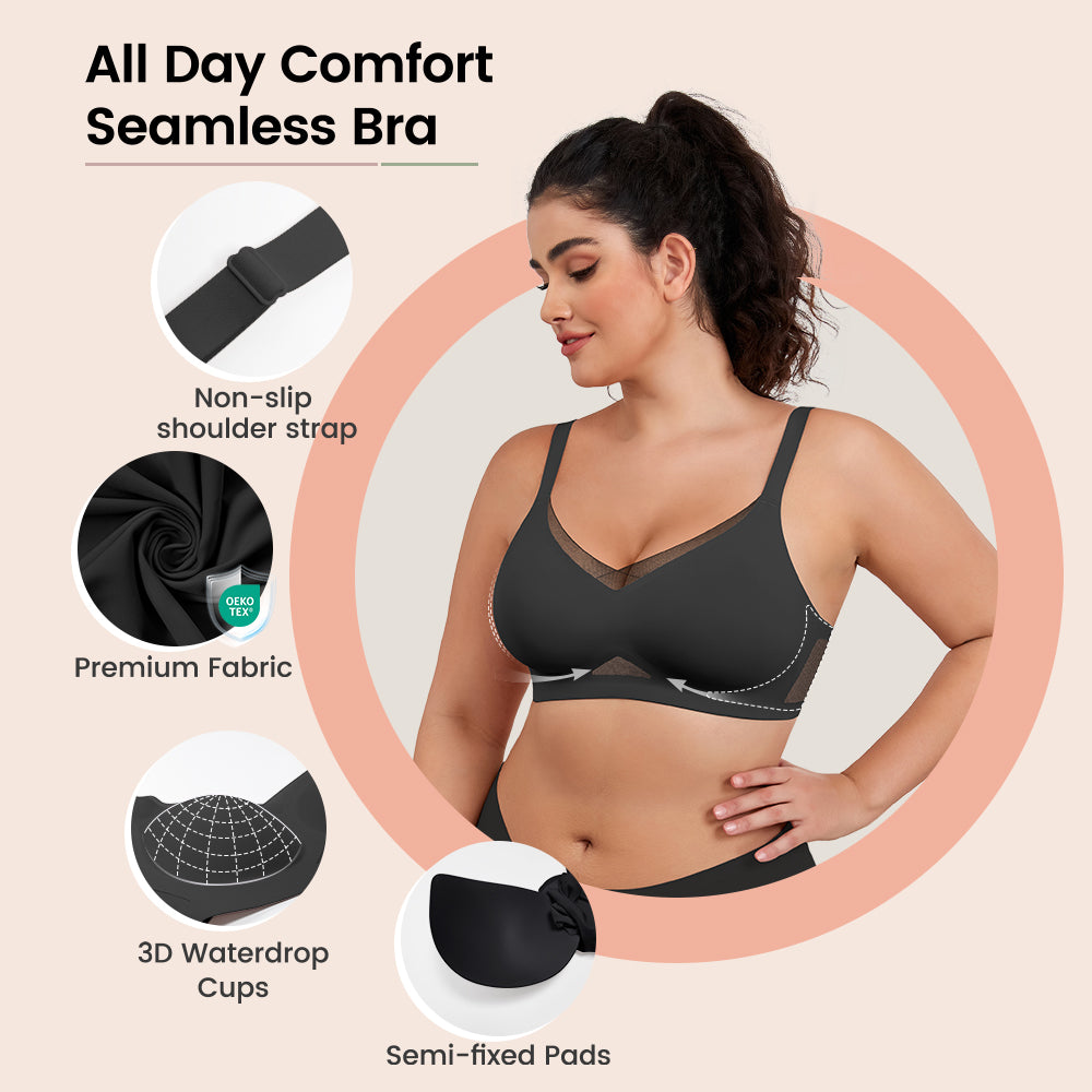 No Underwire Bra for Women Wireless Bras with Soft Support V Neck Mesh Lace Seamless Comfort Bra