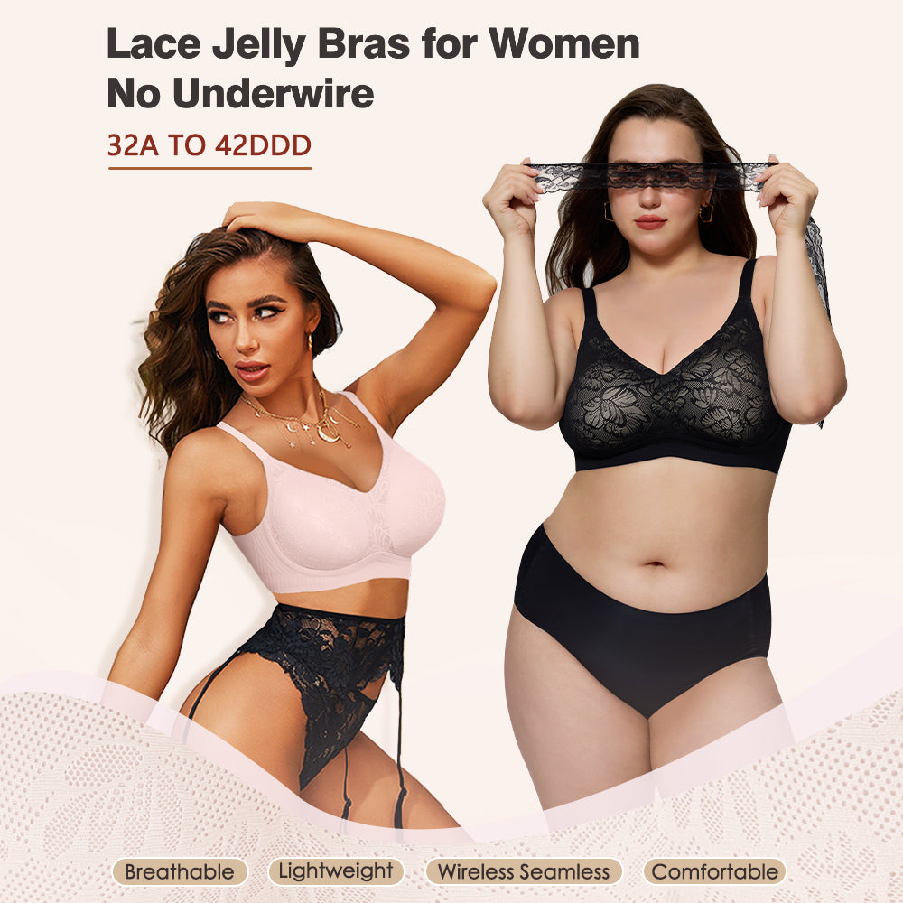 HORISUN Jelly Bras for Women No Underwire Lace Seamless Wireless V Neck Push Up No Wire Full Coverage Bralettes