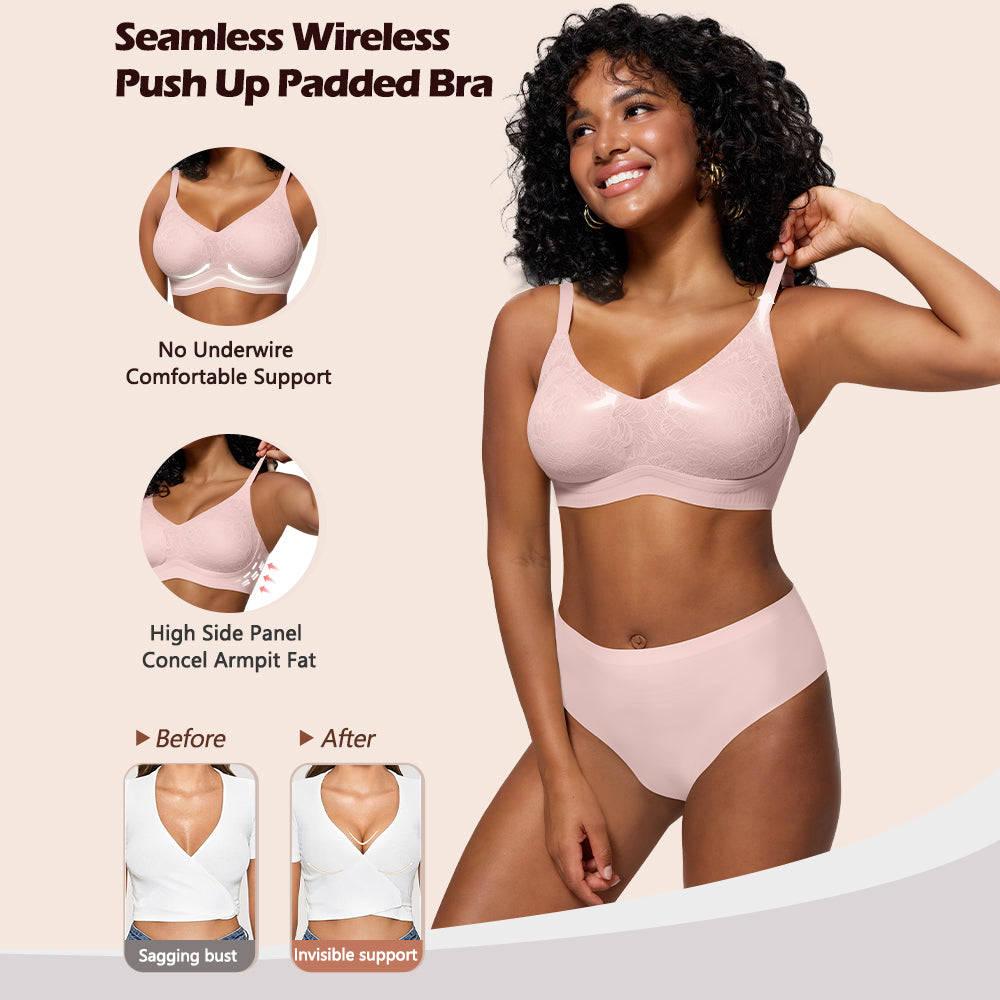 HORISUN Jelly Bras for Women No Underwire Lace Seamless Wireless V Neck Push Up No Wire Full Coverage Bralettes