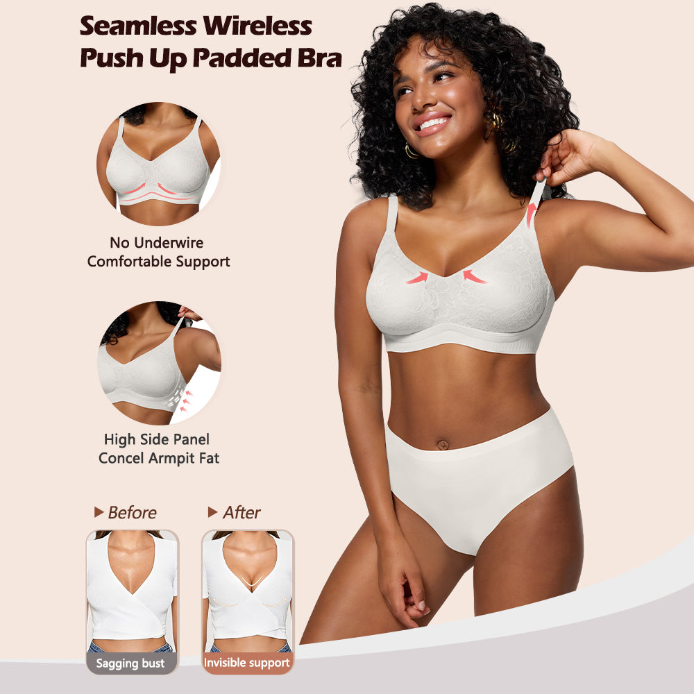 HORISUN Jelly Bras for Women No Underwire Lace Seamless Wireless V Neck Push Up No Wire Full Coverage Bralettes