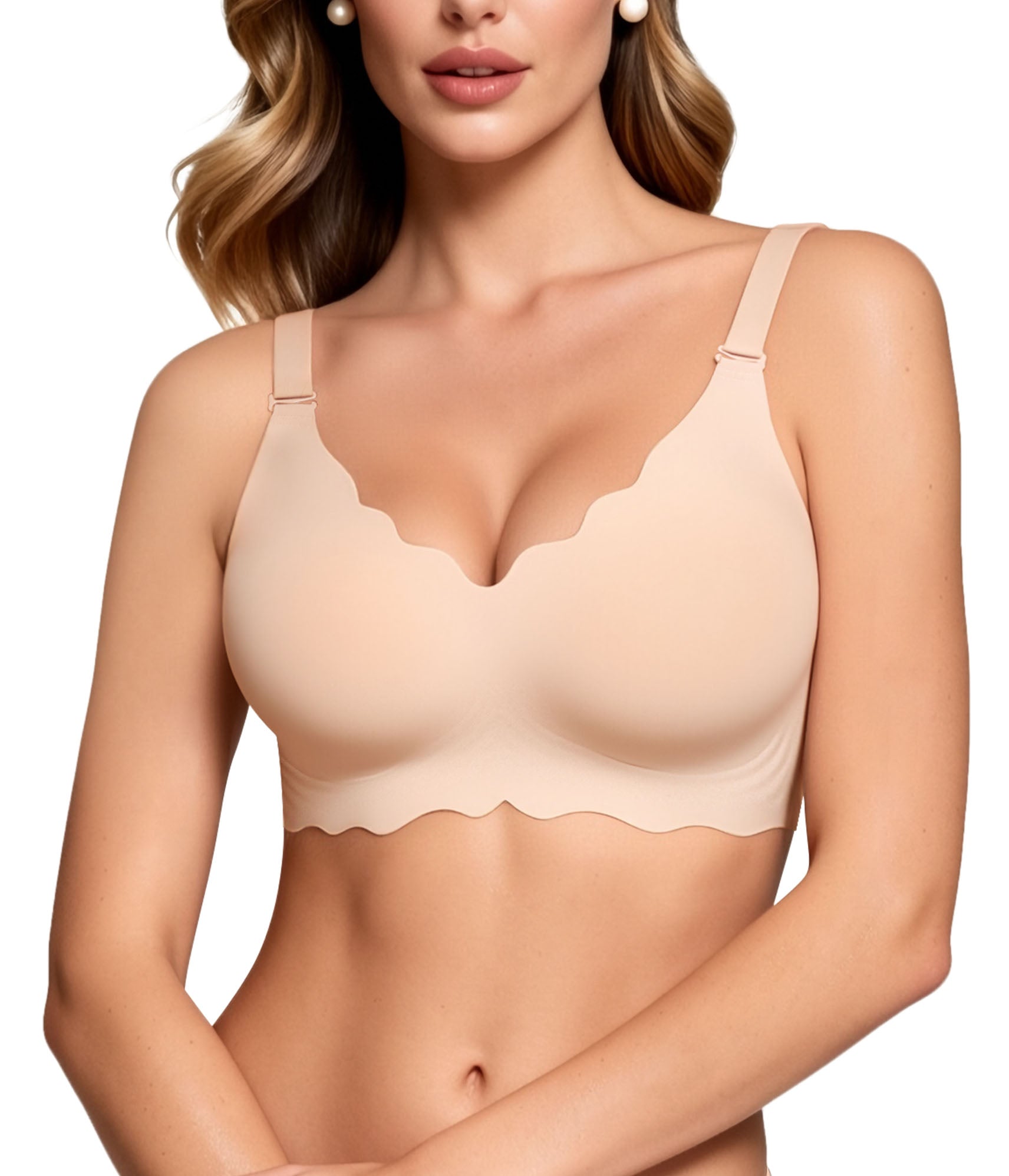Wireless Seamless Bras for Women No Underwire Wavy V Neck Soft Support Full Coverage Comfortable Bra