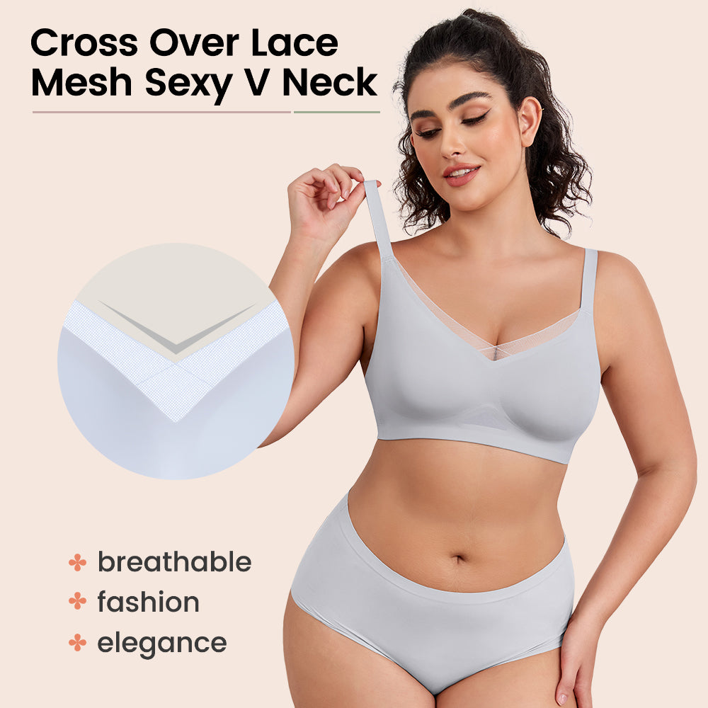 No Underwire Bra for Women Wireless Bras with Soft Support V Neck Mesh Lace Seamless Comfort Bra