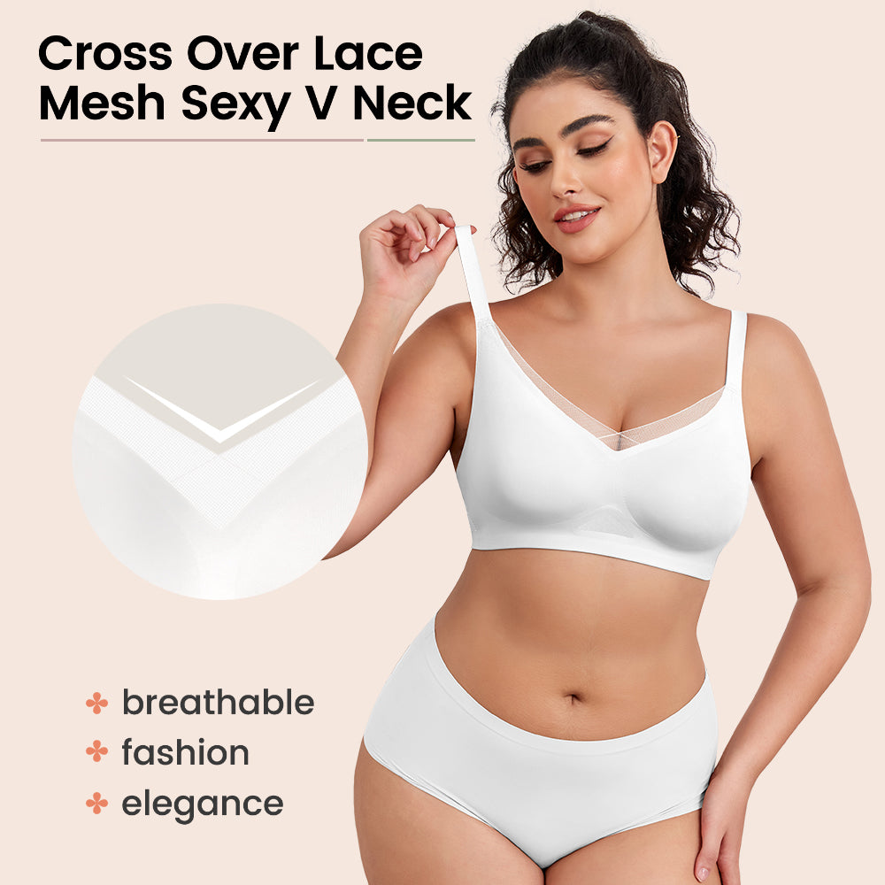 No Underwire Bra for Women Wireless Bras with Soft Support V Neck Mesh Lace Seamless Comfort Bra