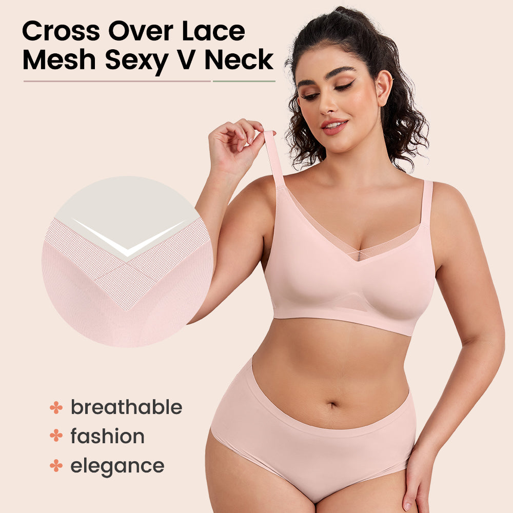 No Underwire Bra for Women Wireless Bras with Soft Support V Neck Mesh Lace Seamless Comfort Bra