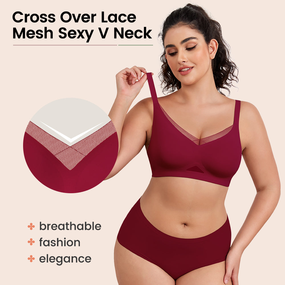 No Underwire Bra for Women Wireless Bras with Soft Support V Neck Mesh Lace Seamless Comfort Bra