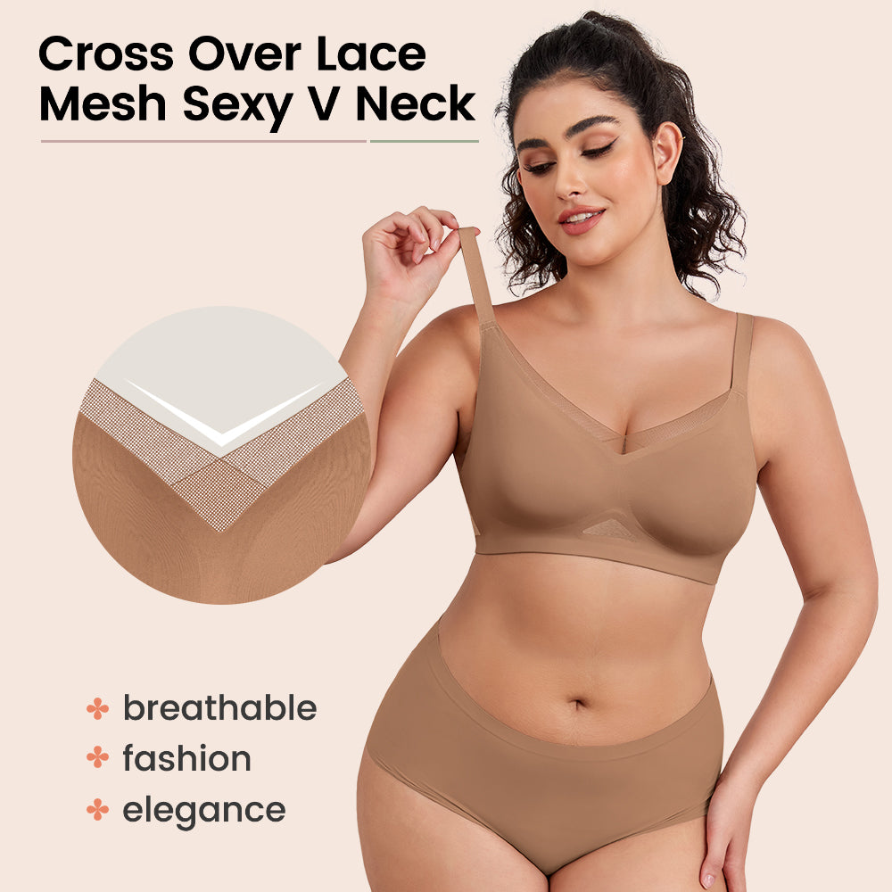 No Underwire Bra for Women Wireless Bras with Soft Support V Neck Mesh Lace Seamless Comfort Bra