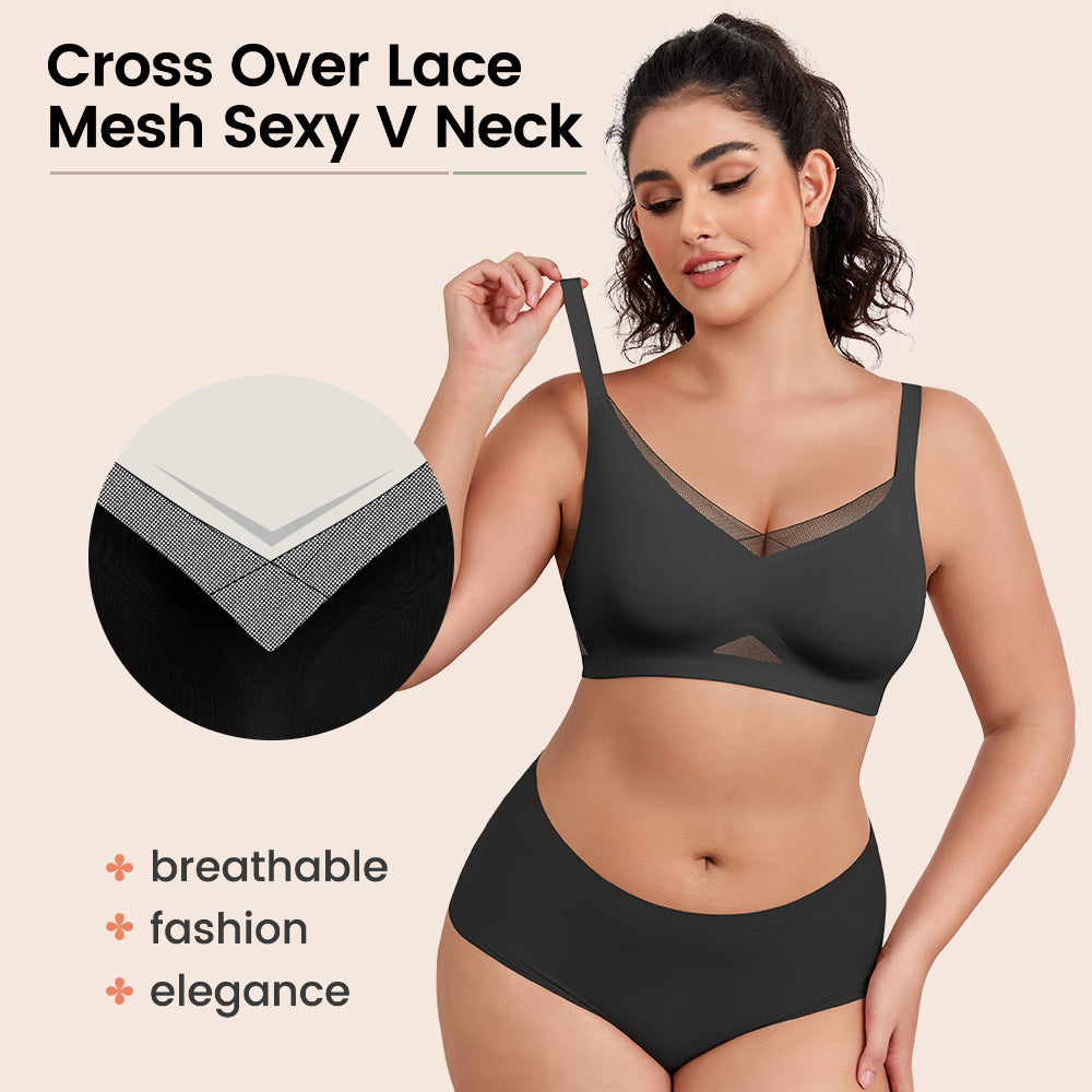No Underwire Bra for Women Wireless Bras with Soft Support V Neck Mesh Lace Seamless Comfort Bra