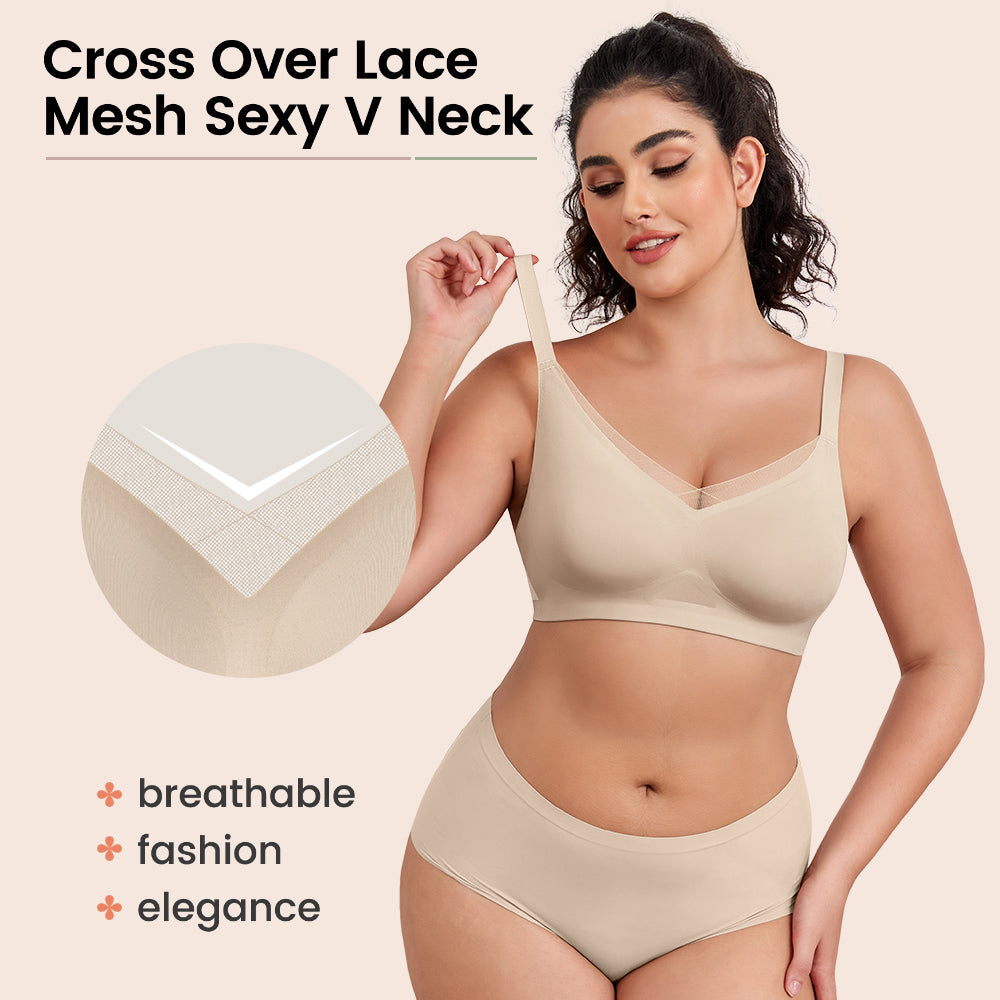 No Underwire Bra for Women Wireless Bras with Soft Support V Neck Mesh Lace Seamless Comfort Bra